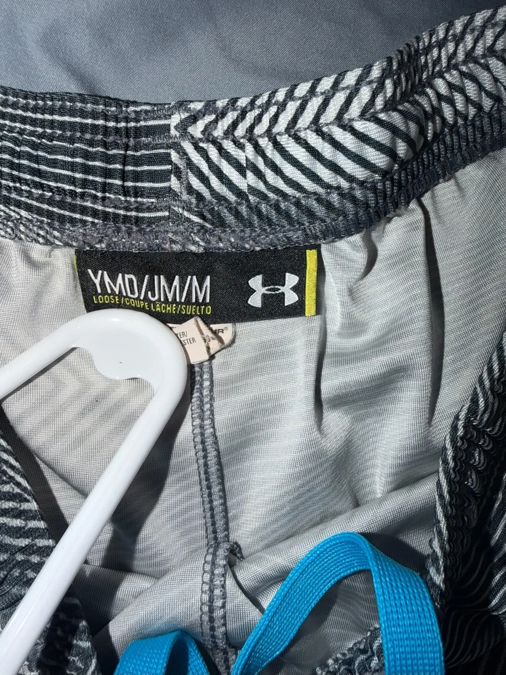 Under Armour Black and Gray Geometric Athletic Shorts with Blue Drawstring